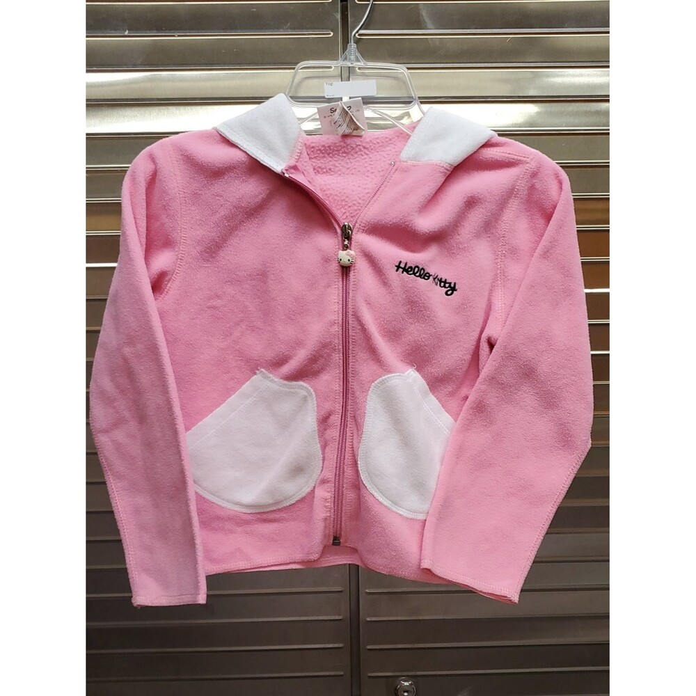 Vintage Hello Kitty Sanrio Child's Pink Fleece Zip Up Hooded Jacket Size L